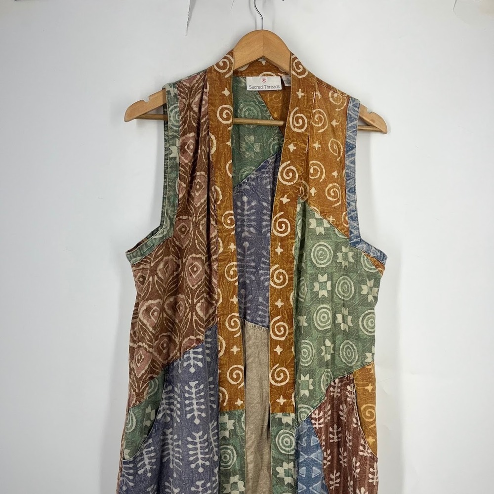 Sacred Threads Womens M Patchwork Batik Cotton Duster Vest Sleeveless Cardigan - Picture 3 of 15